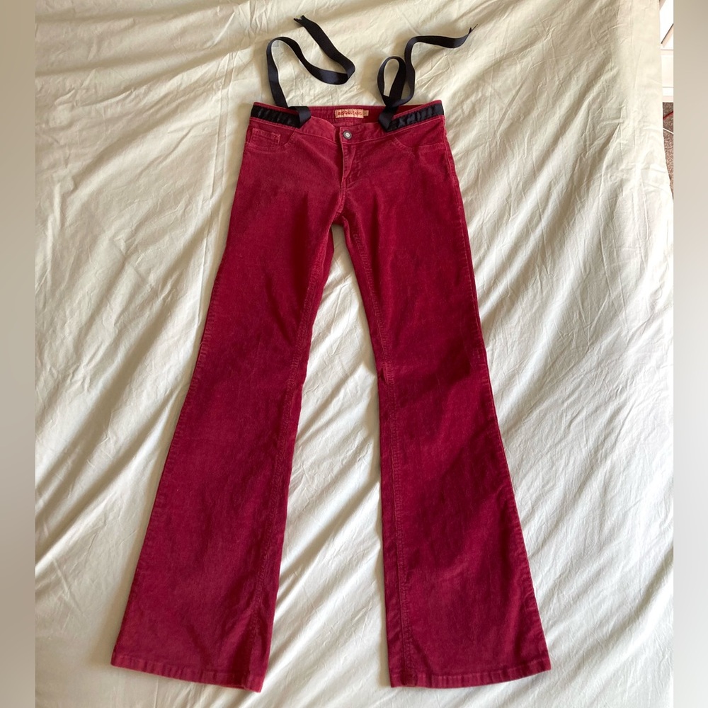 Vintage y2k burgundy bareback corduroy low rise flare pants 2000s grunge
